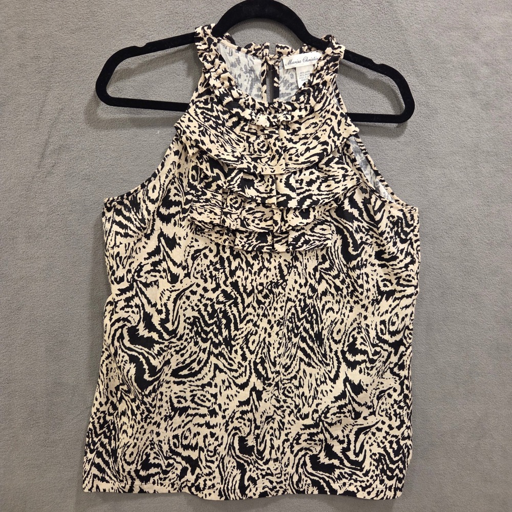 Marisa Christina Linen Blend Ruffle Halter Top Women's Size Medium  Zebra